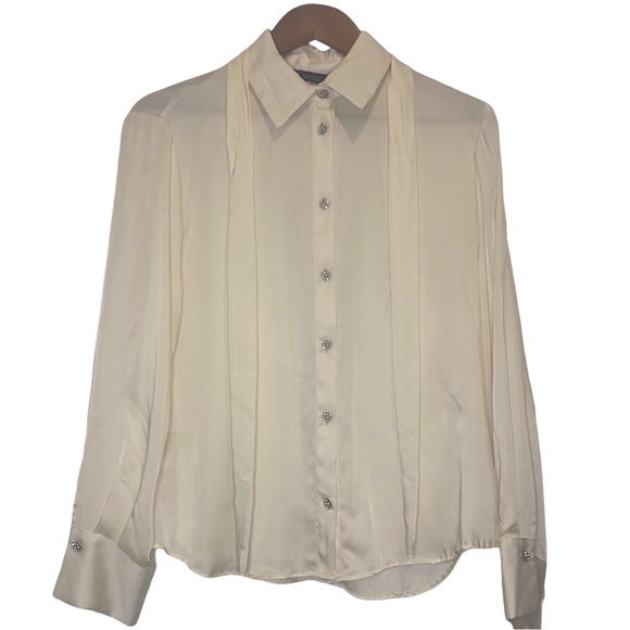 NWT Zara Silk Like Cream Button Up Blouse Women’s Large Jeweled Pearl Buttons - Picture 1 of 9